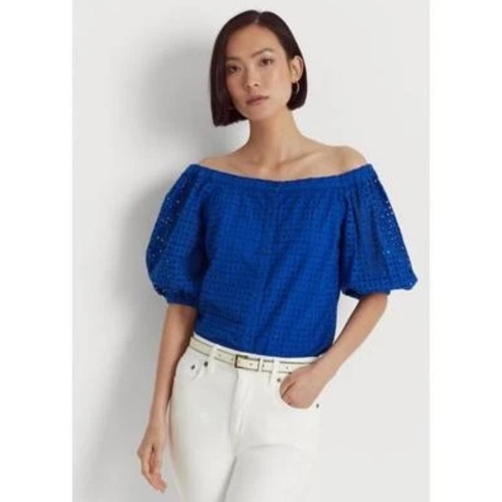 NWT Ralph Lauren Blue Off-the-Shoulder Blouse MSRP $165